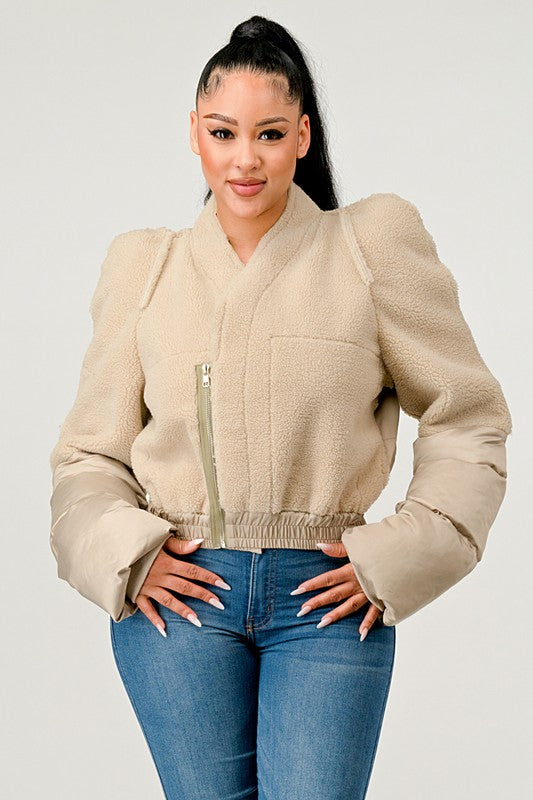 Cute Plush Puff Sleeve Bomber Jacket