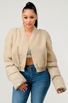 Model showing front of Plush Puff Sleeve Bomber Jacket