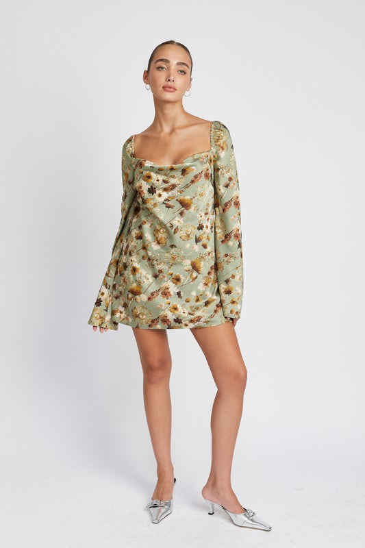 Front view of FLORAL LONG SLEEVE MINI DRESS WITH OPEN BACK