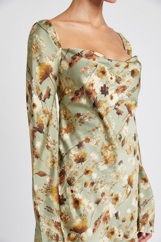 close up view of FLORAL LONG SLEEVE MINI DRESS WITH OPEN BACK