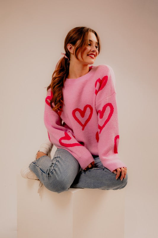 Pretty Long Sleeve Round Neck Heart Printed Sweater