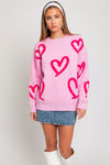 Long Sleeve Round Neck Heart Printed Sweater