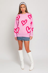 Front view of Long Sleeve Round Neck Heart Printed Sweater