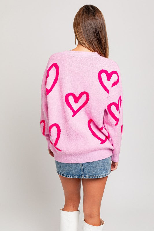 Viral Long Sleeve Round Neck Heart Printed Sweater