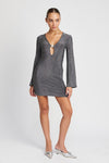 GLITTER LONG SLEEVE MINI DRESS WITH FRONT KEY HOL