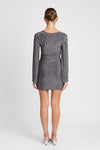 GLITTER LONG SLEEVE MINI DRESS WITH FRONT KEY HOL