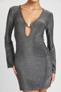 GLITTER LONG SLEEVE MINI DRESS WITH FRONT KEY HOL