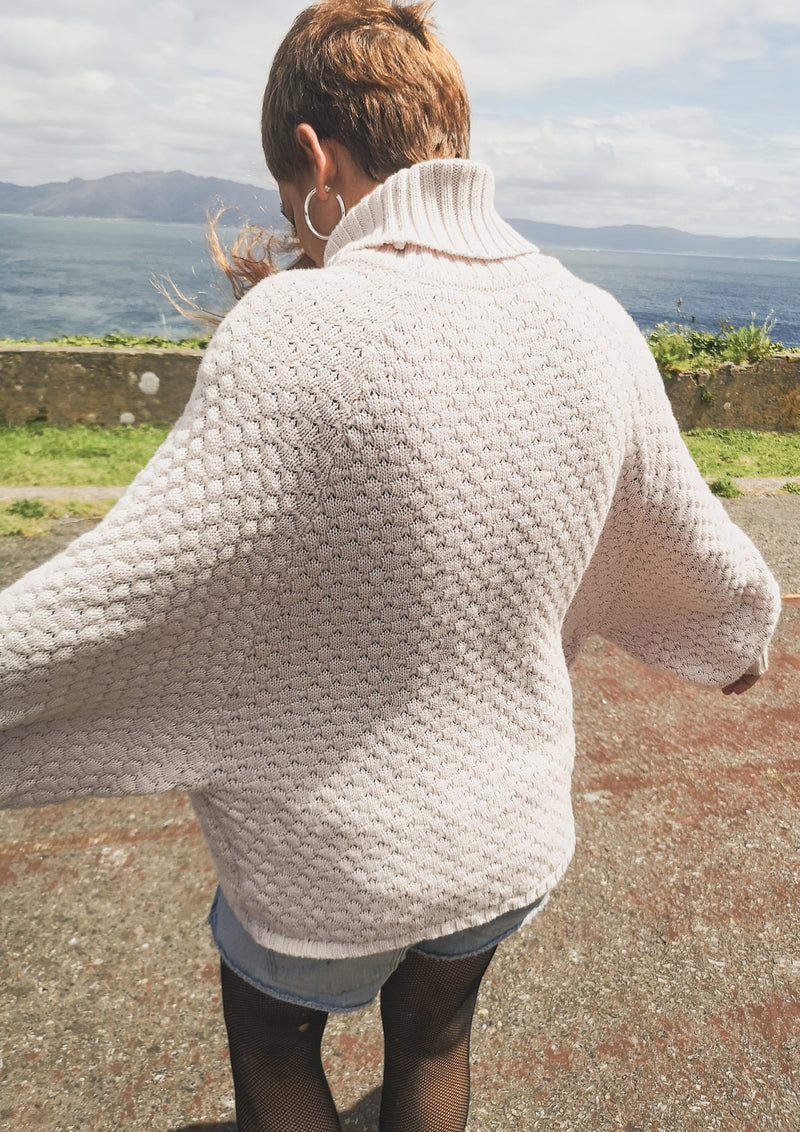 close up view of back of SWEATER TURTLENECK - KNIT PEARL beige