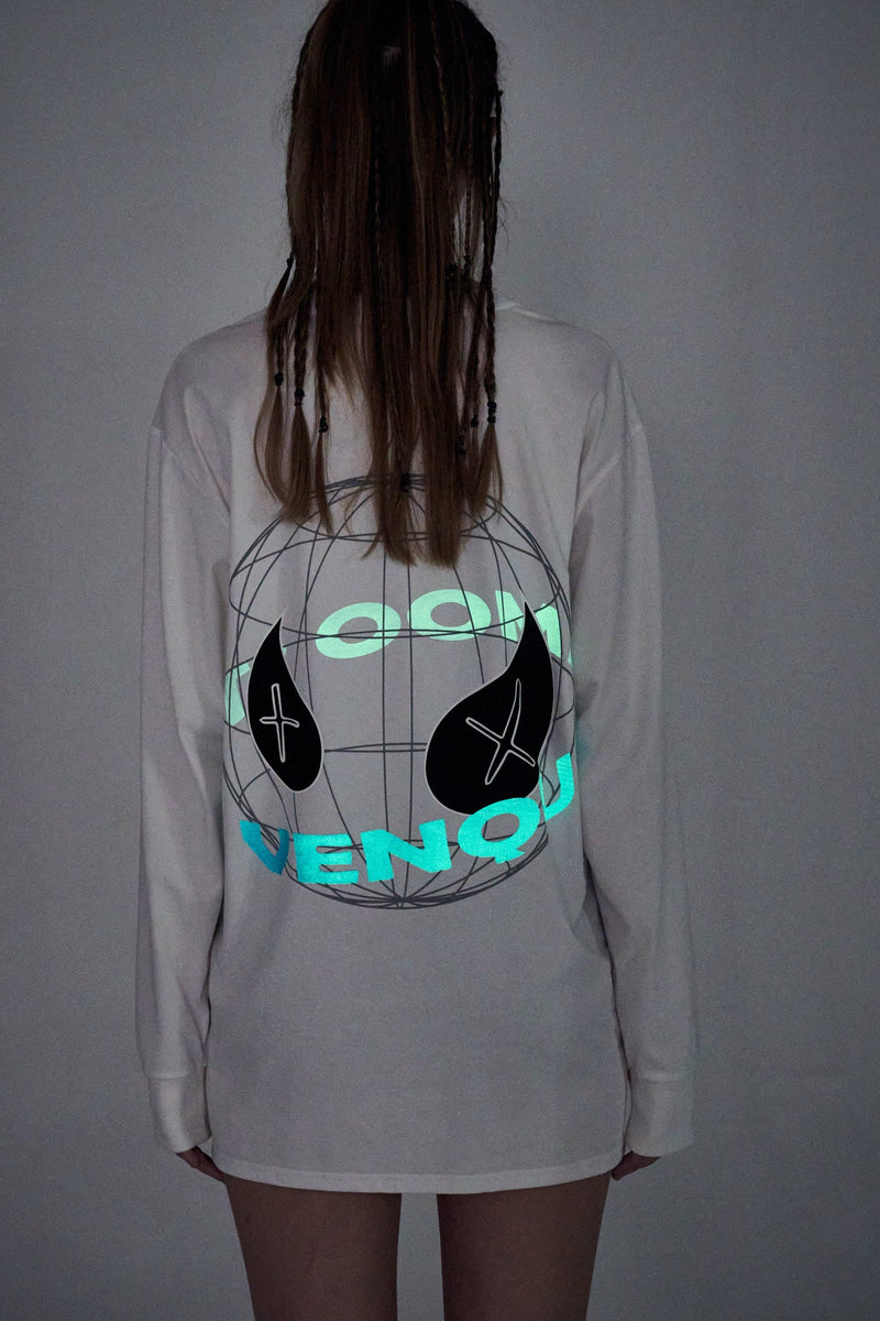 Model showing glow in the dark letters on Amoo Long Sleeve