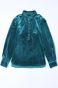 Velvet Button Frilled Neck Blouse Top