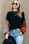 Color block cotton knit sweater cropped balloon