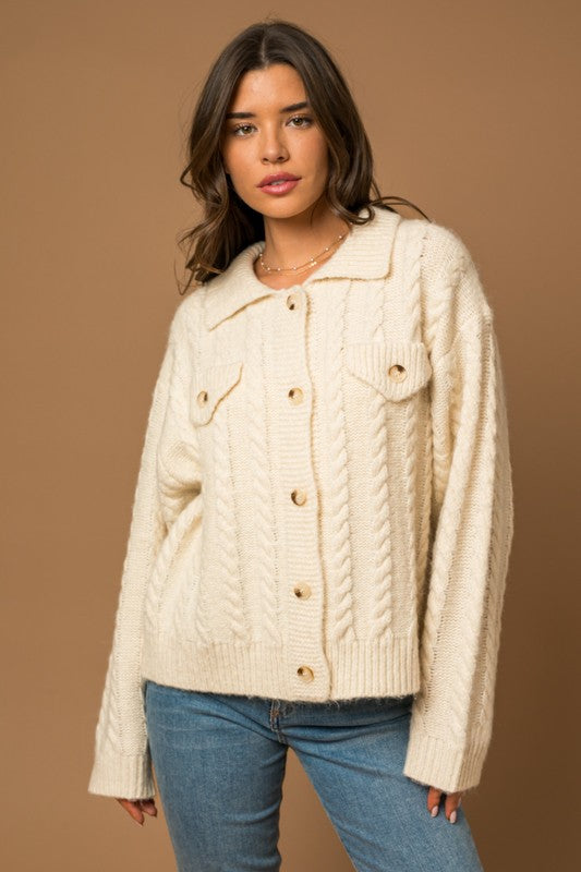 Discover Collared Cable Sweater Cardigan