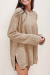 view of Waffle Knit Drop Sleeve Side Slits Oversized Top khaki