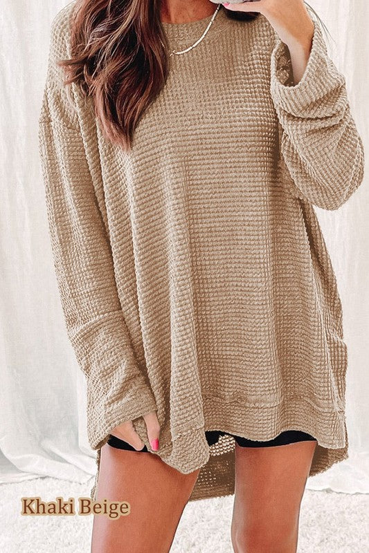 Waffle Knit Drop Sleeve Side Slits Oversized Top khaki