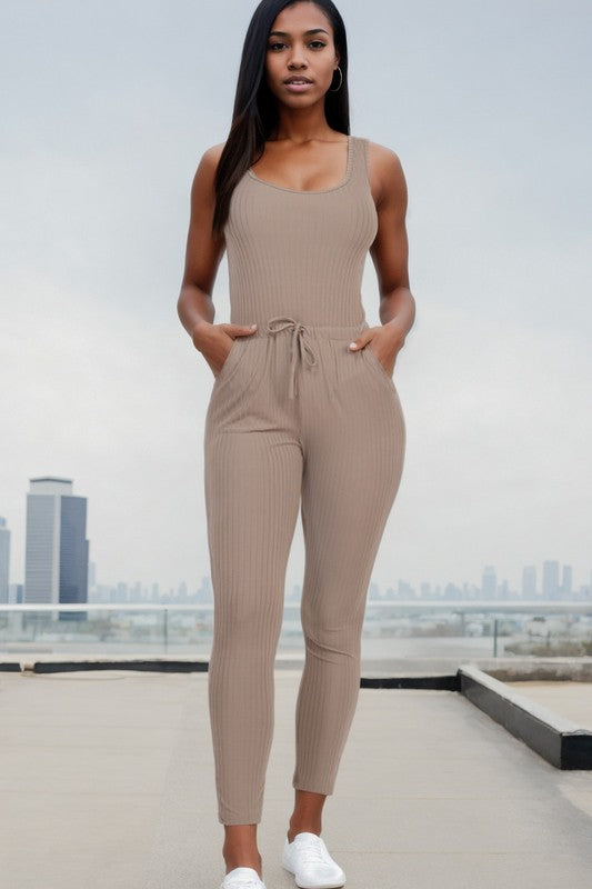 Brown Ribbed Sleeveless Drawstring catsuits Jumpsuit