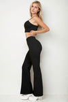 side view of Bustier Crop Top & Front Slit Wide Leg Pants-black