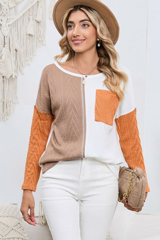 Cable knit color block round neck sweater