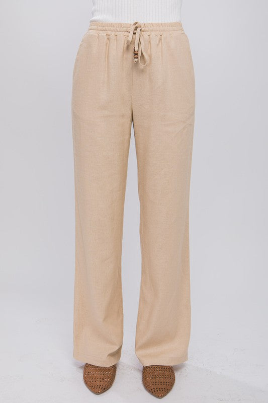 Beige Linen Drawstring Waist Long Pants with Pockets