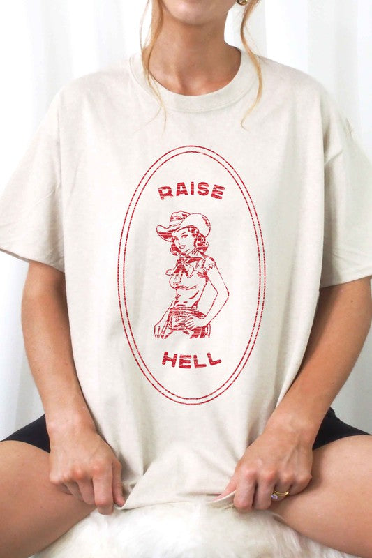 Beige RAISE HELL COUNTRY COWGIRL WESTERN GRAPHIC TEE