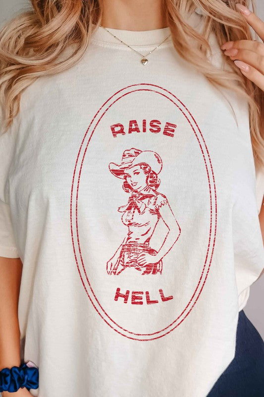 Close up view of RAISE HELL COUNTRY COWGIRL WESTERN GRAPHIC TEE