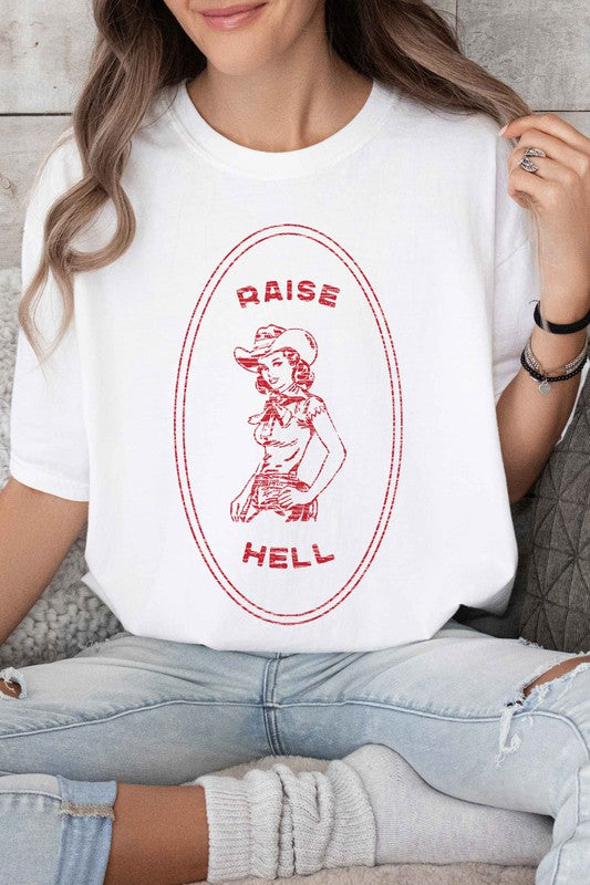 White RAISE HELL COUNTRY COWGIRL WESTERN GRAPHIC TEE