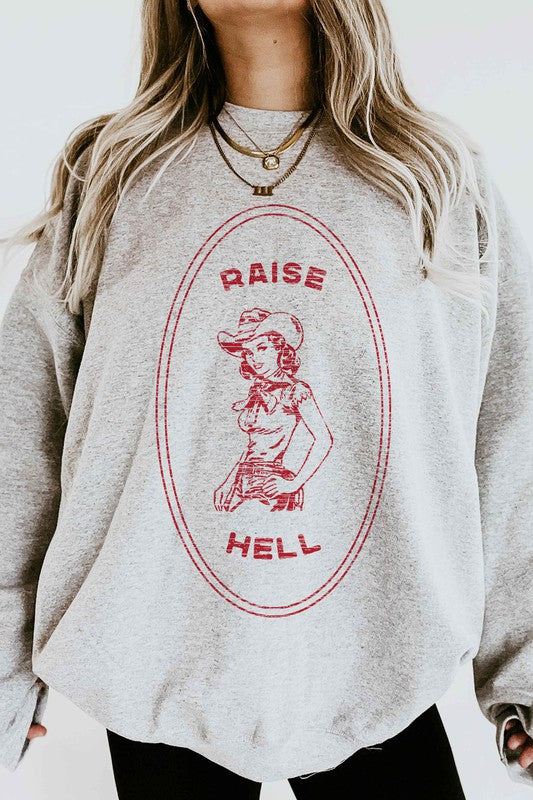 Gray RAISE HELL COUNTRY COWGIRL GRAPHIC SWEATSHIRT