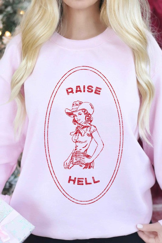 Pink RAISE HELL COUNTRY COWGIRL GRAPHIC SWEATSHIRT