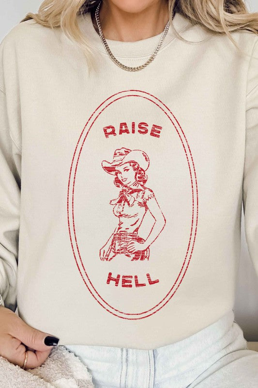 Beige RAISE HELL COUNTRY COWGIRL GRAPHIC SWEATSHIRT