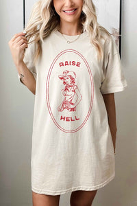 Beige RAISE HELL COUNTRY COWGIRL WESTERN OVERSIZED TEE