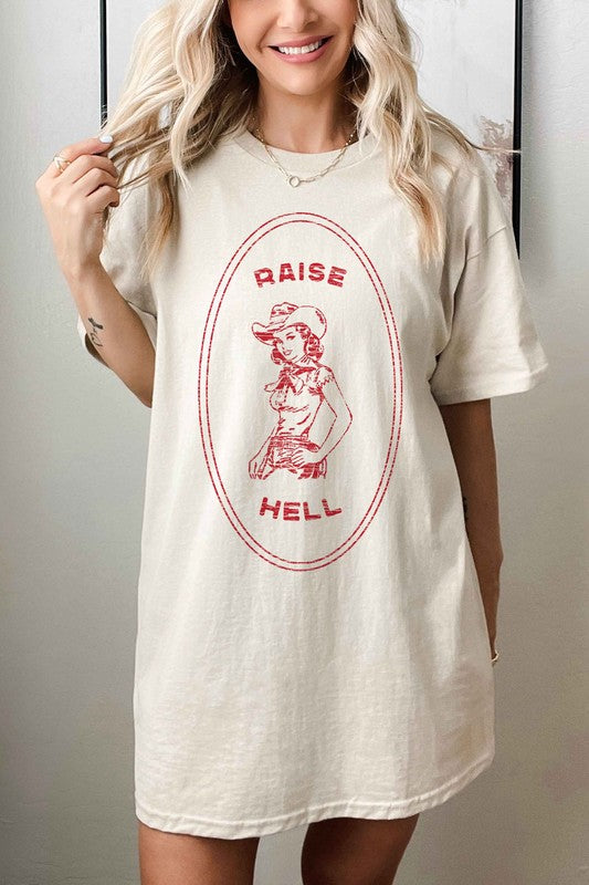 Beige RAISE HELL COUNTRY COWGIRL WESTERN OVERSIZED TEE