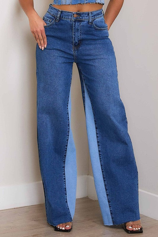 Front view of High-Rise Color Block Wide Jeans