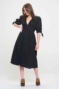 3/4 PUFF SLV TEXTURE VNECK BUTTON DOWN MIDI DRESS for spring