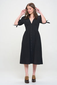 3/4 PUFF SLV TEXTURE VNECK BUTTON DOWN MIDI DRESS for a night out on the town