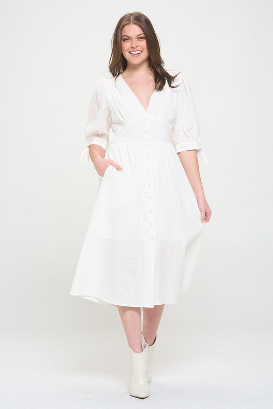 Cute PLUS 3/4 PUFF SLV TEXTURED BUTTON DOWN MIDI DRESS