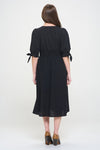 View of the back of 3/4 PUFF SLV TEXTURE VNECK BUTTON DOWN MIDI DRESS