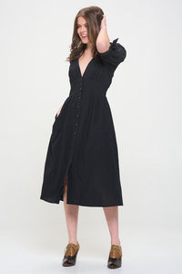 3/4 PUFF SLV TEXTURE VNECK BUTTON DOWN MIDI DRESS for her