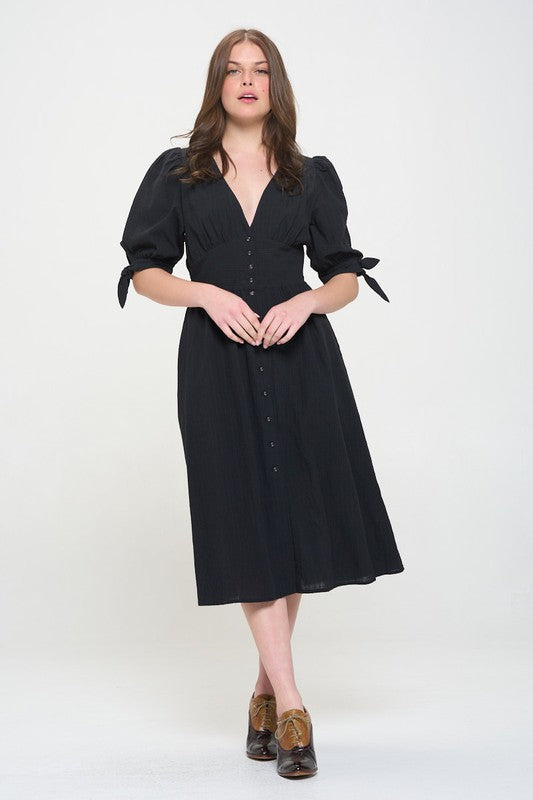 Black 3/4 PUFF SLV TEXTURE VNECK BUTTON DOWN MIDI DRESS