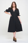 3/4 PUFF SLV TEXTURE VNECK BUTTON DOWN MIDI DRESS for the perfect date