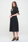 Right side view of 3/4 PUFF SLV TEXTURE VNECK BUTTON DOWN MIDI DRESS