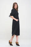 Side view of 3/4 PUFF SLV TEXTURE VNECK BUTTON DOWN MIDI DRESS