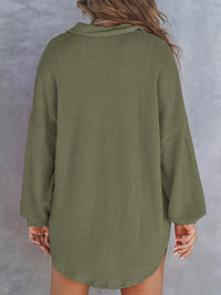 Back view f green Waffle-Knit Dropped Shoulder Long Sleeve Sweatshirt