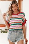 Red Pink Green stripe ruffle short sleeve knit top