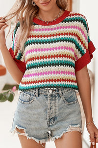 Cool Red Pink Green stripe ruffle short sleeve knit top