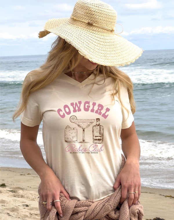 Biege V-Neck Cowgirl Babe Club Graphic Tee