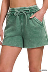 Green Acid Wash Fleece Drawstring Shorts with Pockets