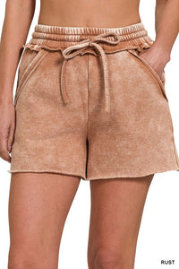 Brown Acid Wash Fleece Drawstring Shorts with Pockets