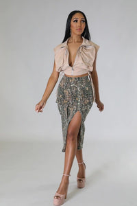 Model walking in Cargo Midi Skirt in Woodland Camo