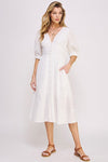 White 3/4 PUFF SLV TEXTURE VNECK BUTTON DOWN MIDI DRESS