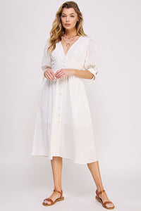 Sexy 3/4 PUFF SLV TEXTURE VNECK BUTTON DOWN MIDI DRESS