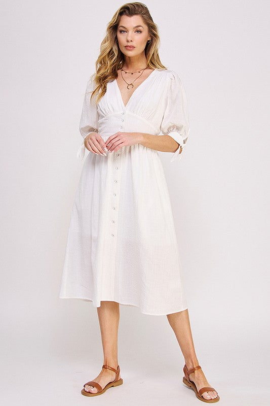 Sexy 3/4 PUFF SLV TEXTURE VNECK BUTTON DOWN MIDI DRESS